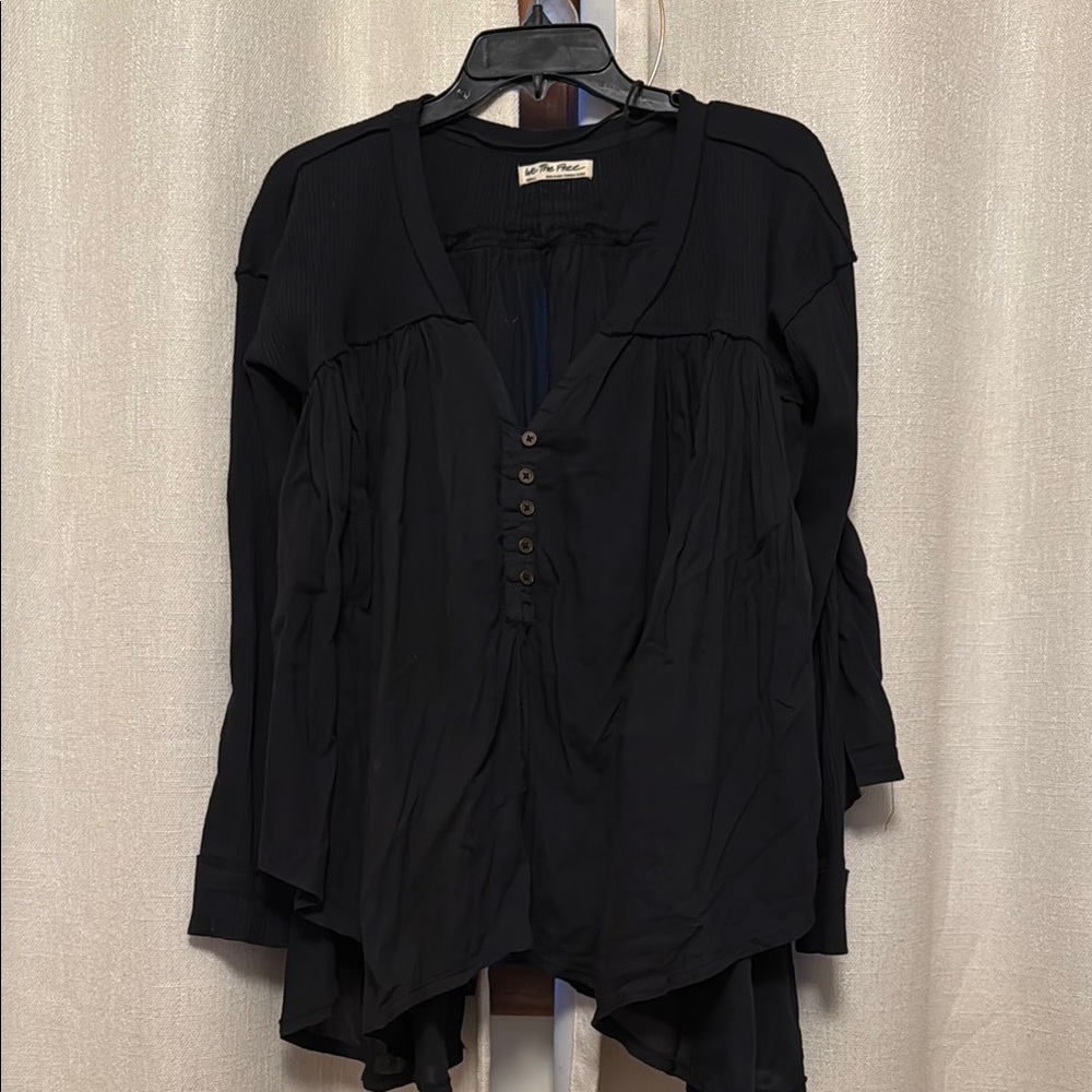 We The Free Black Blouse Asymmetrical Buttoned Long Sleeve